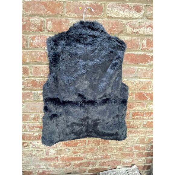 J Crew Faux Fur Vest Womens M Full Zip Navy Blue Pockets Satin Lining Mob Wife - Picture 7 of 10